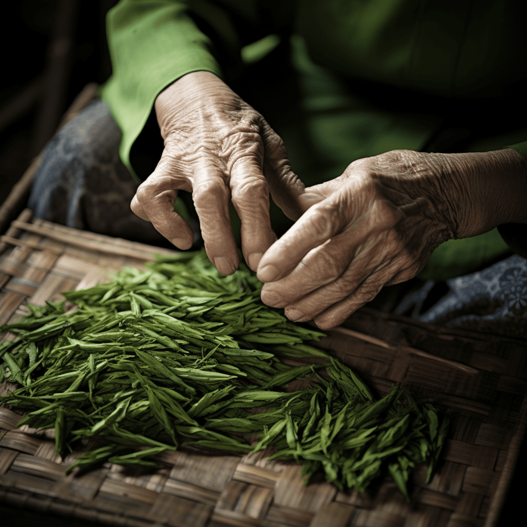 old woman sorting green tea